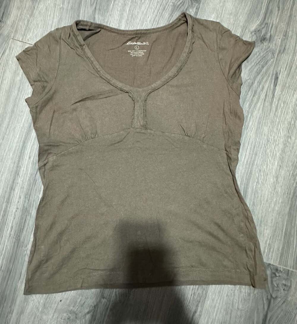 Eddie Bauer V-Neck Top Size L Brown Cotton Modal Silk Short Sleeve Shirt